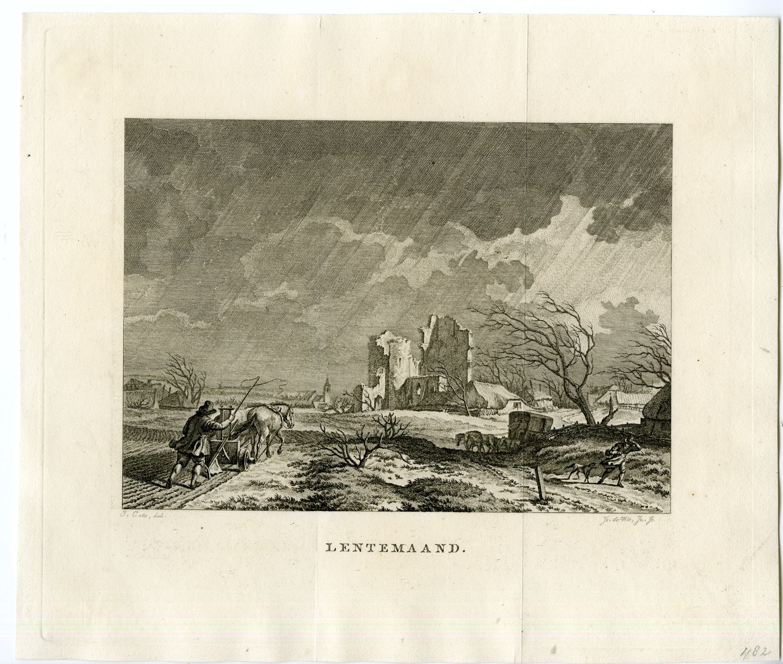 , Rare-Antique Master Print-SPRING-MONTHOF MARCH-LANDSCAPE-BAD WEATHER-de Wit-Cats, Pictura Antique Prints
