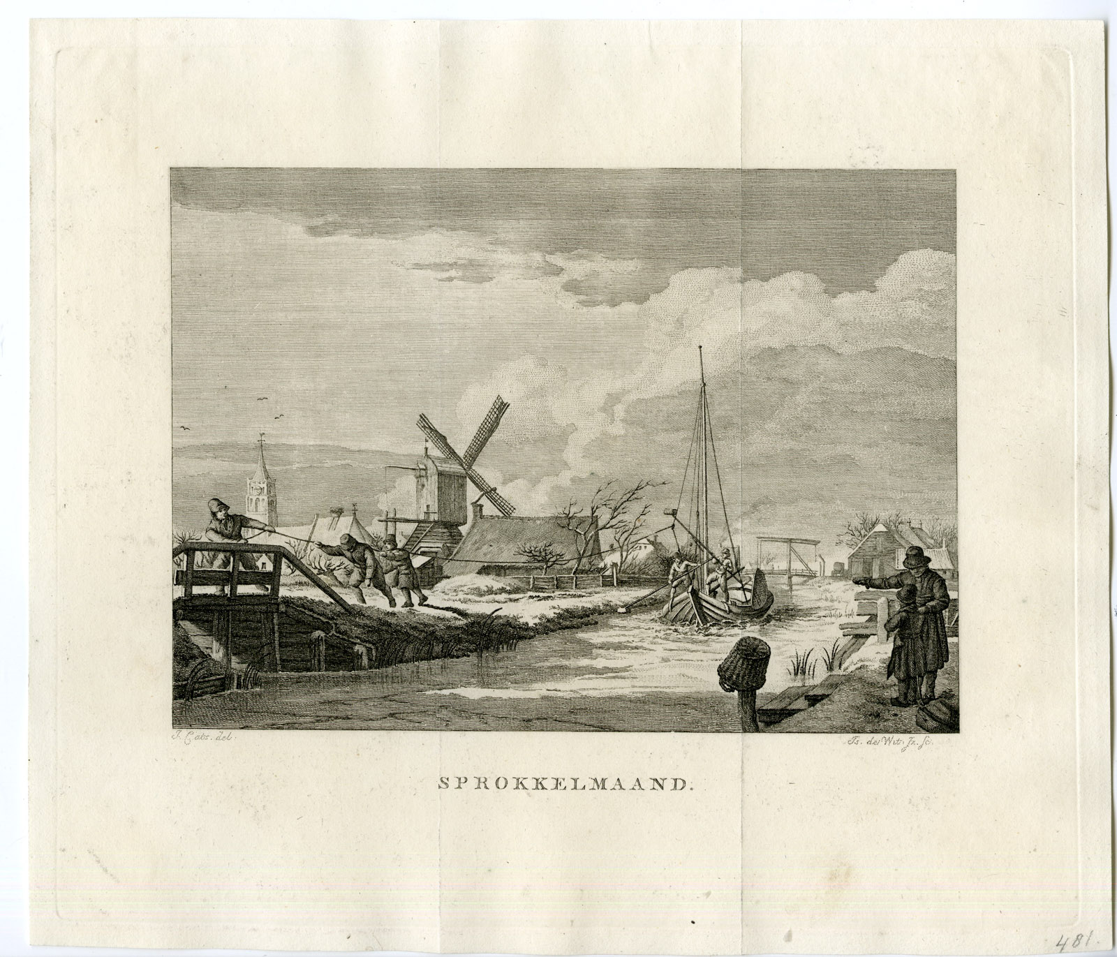 , Rare-Antique Master Print-MONTH-FEBRUARY-DUTCH WINTER LANDSCAPE-de Wit-Cats, Pictura Antique Prints