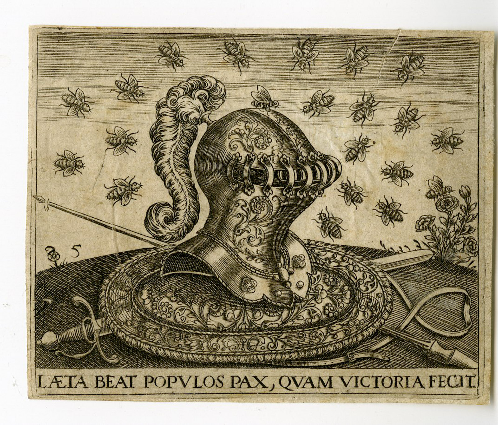 , Rare-Antique Master Print-EMBLEM-VICTORY-PEACE-BEES-ARMOUR-de Bry-1593, Pictura Antique Prints
