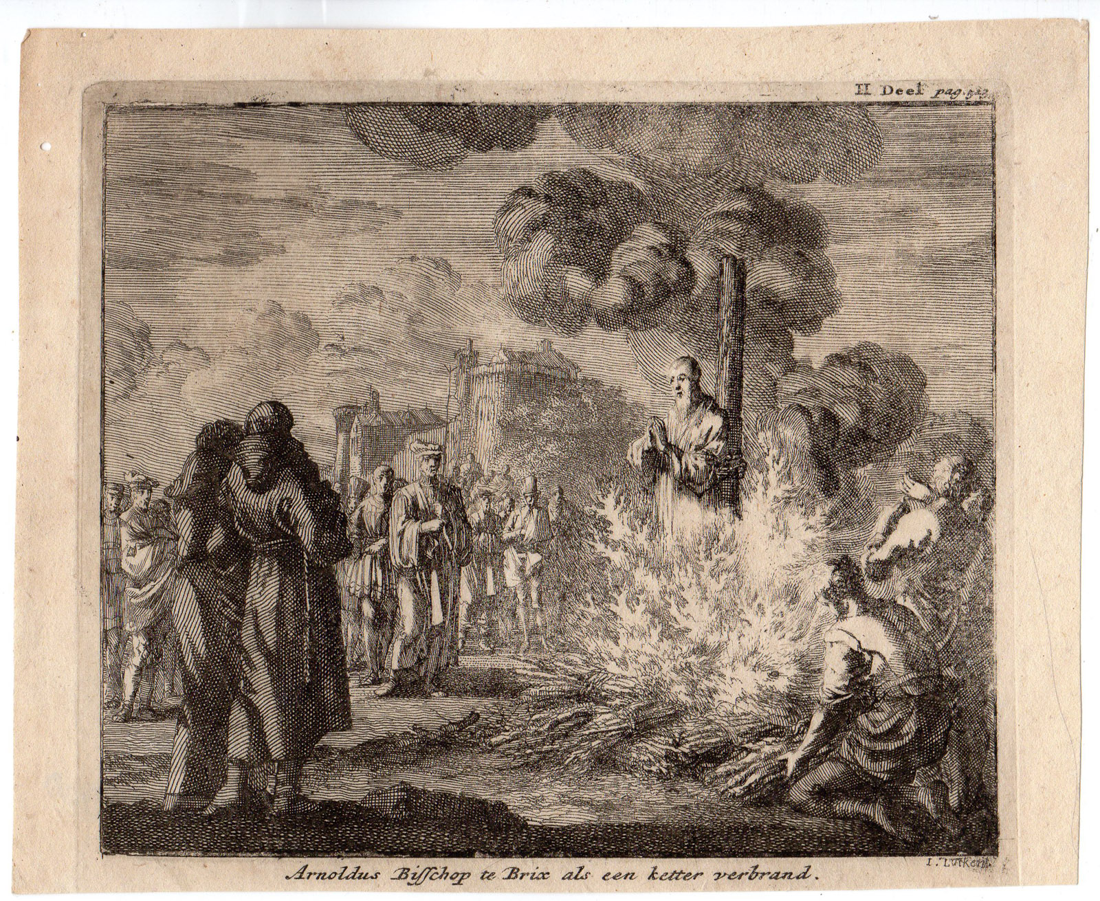, Antique Print-BISSHOP-PYRE-HERETIC-CHRISTIAN-BRIX-MONKS-Luyken-ca 1685, Pictura Antique Prints