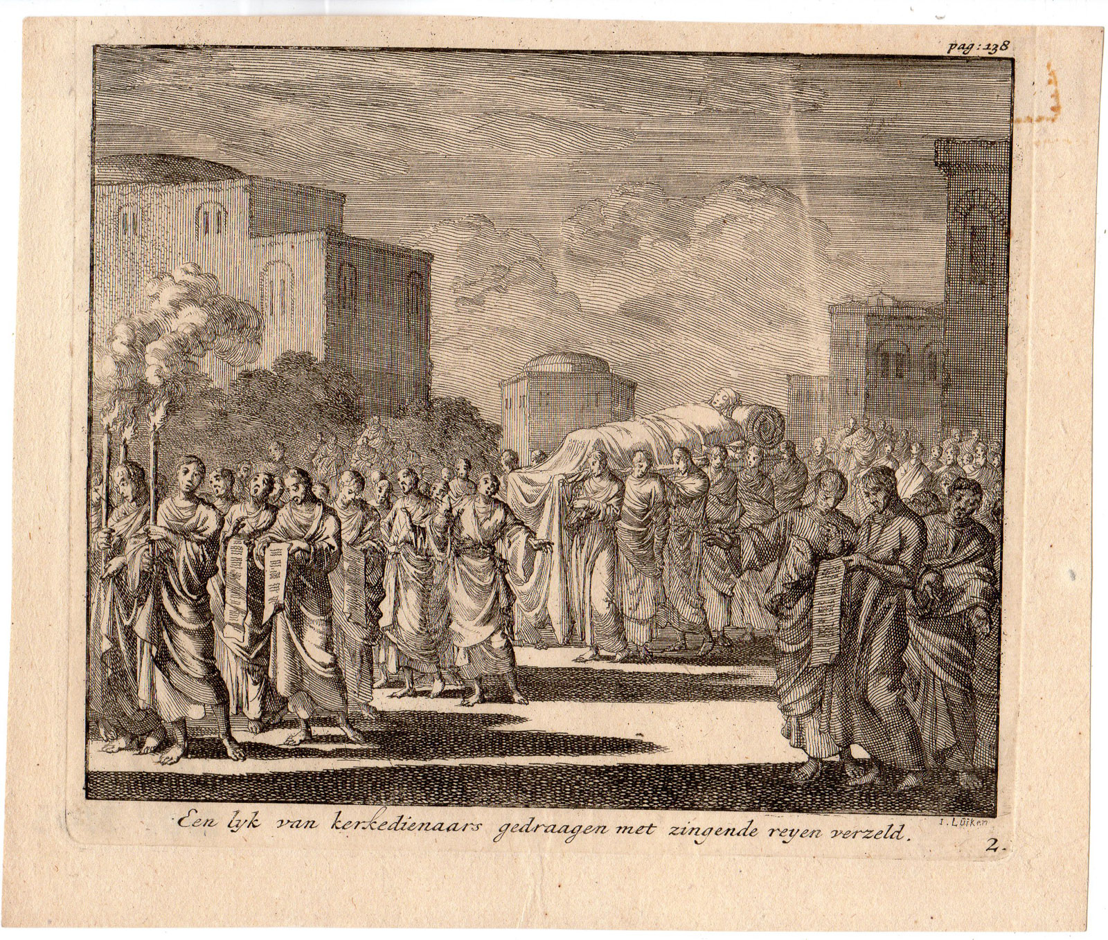 , Antique Print-PROCESSION-CHURCH-DEAD BODY-CORPS-SINGING-Luyken-ca 1685, Pictura Antique Prints