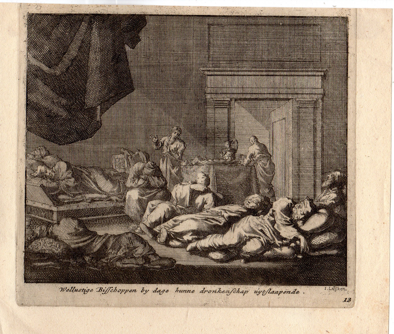 , Antique Print-DRUNK BISSHOP-SLEEPING DAYLIGHT-CHRISTIAN-Luyken-ca 1685, Pictura Antique Prints