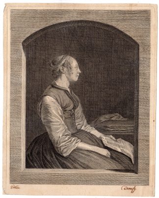 Antique Print-WOMAN IN WNDOW OPENING-LETTER-Anonymous-ca 1750