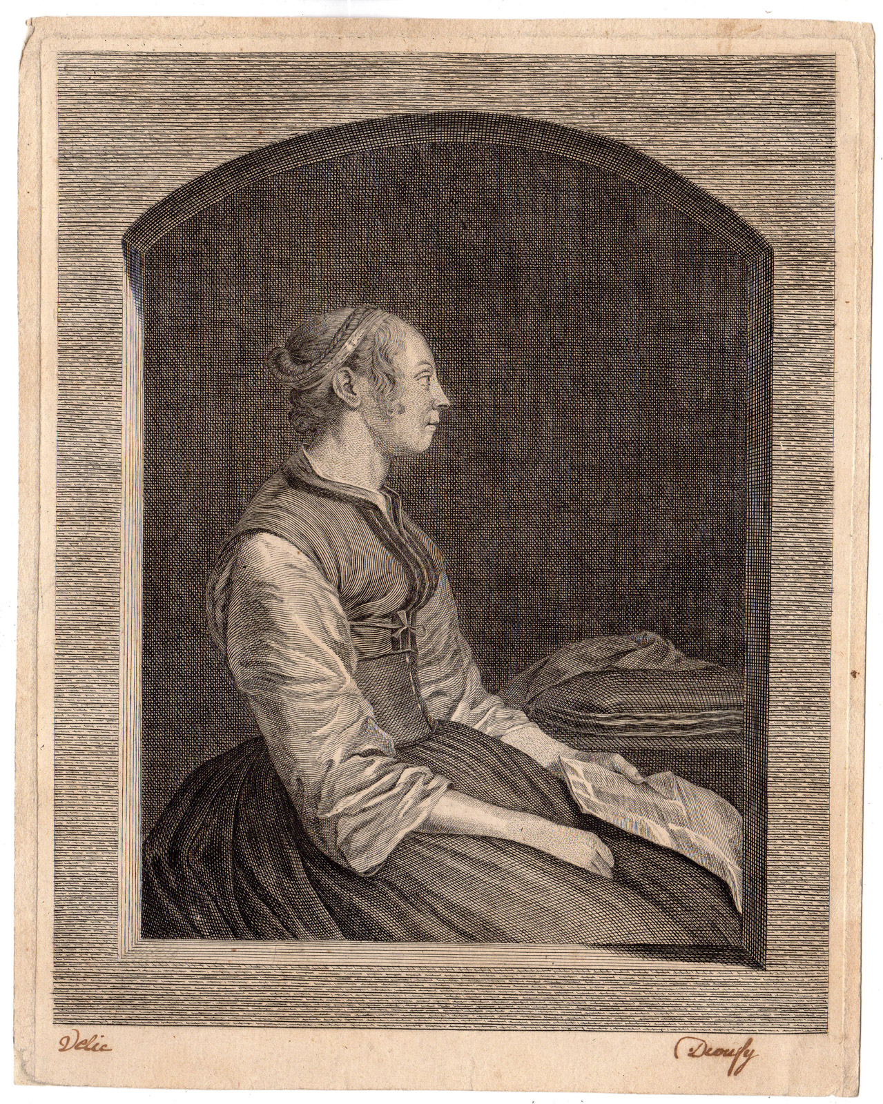 , Antique Print-WOMAN IN WNDOW OPENING-LETTER-Anonymous-ca 1750, Pictura Antique Prints