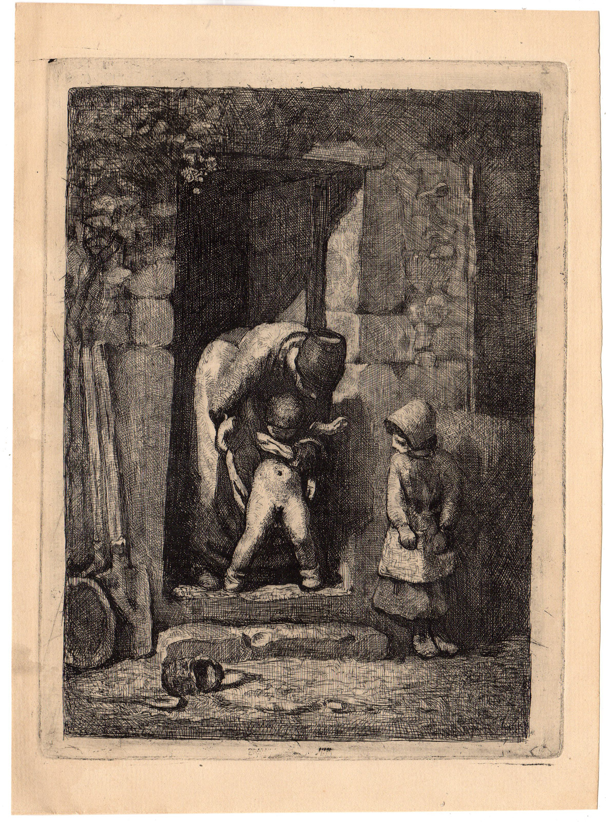 , Antique Print-OLD HOUSE-PEEING BOY-MOTHER HELPING-SISTER-Anonymous-ca 1900, Pictura Antique Prints
