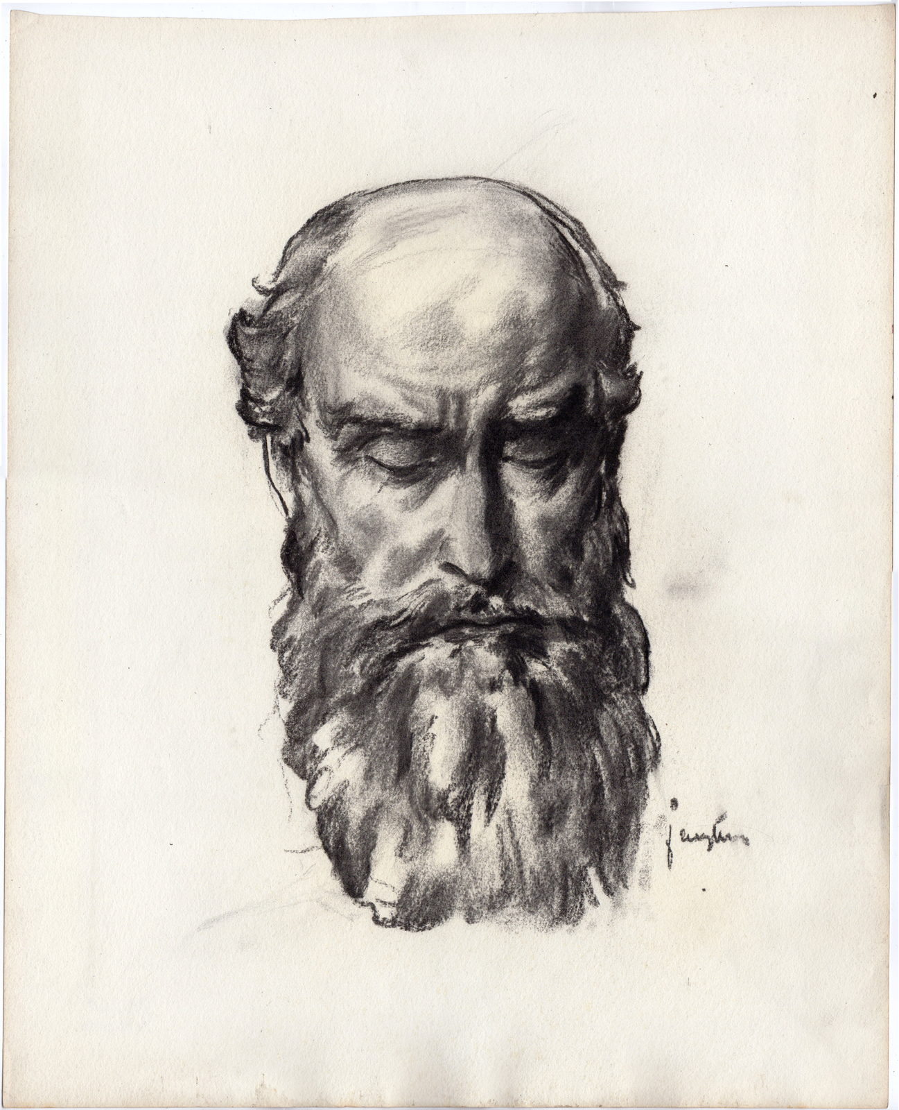 , Antique Drawing-PORTRAIT-MAN-BEARD-EYES CLOSED-Anonymous-ca 1935, Pictura Antique Prints