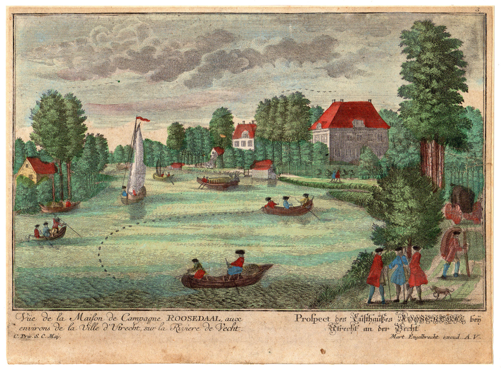 , Antique Print-RIVER VECHT-ESTATE ROOSEDAAL-UTRECHT-Engelbrecht-May-ca. 1740, Pictura Antique Prints