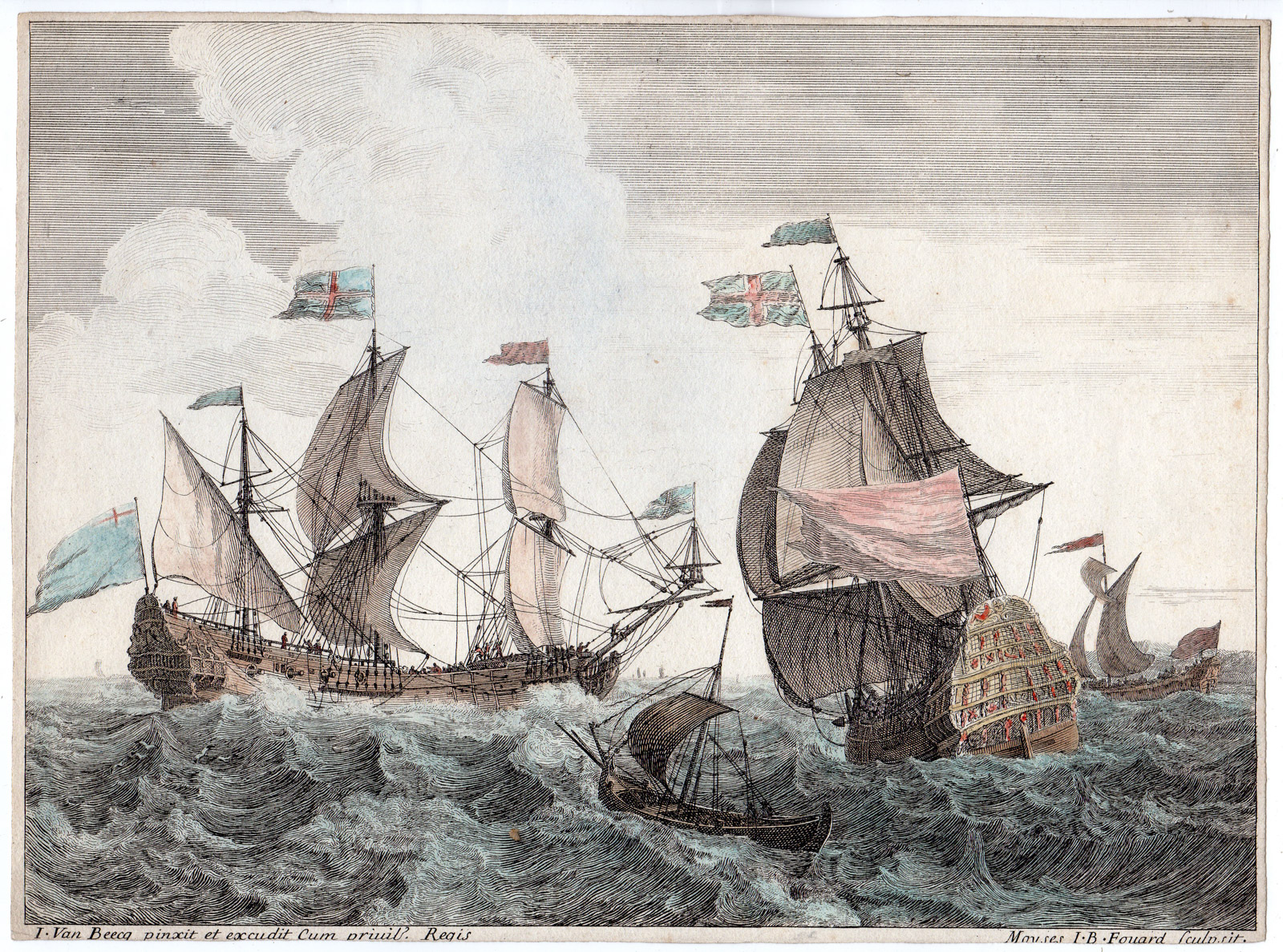 , Antique Print-WAR VESSELS-SHIPS-ROUGH SEA-SAILING-Fouard-van Beecq-c.1683, Pictura Antique Prints