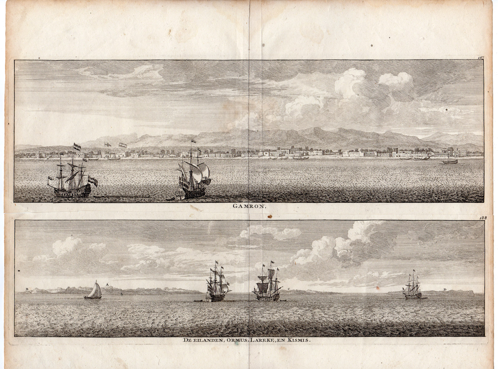 , 2-Antique Prints-PERSIA-IRAN-GAMRON-ORMUS-LAREKE-KISMIS-ISLES-de Bruijn-1714, Pictura Antique Prints