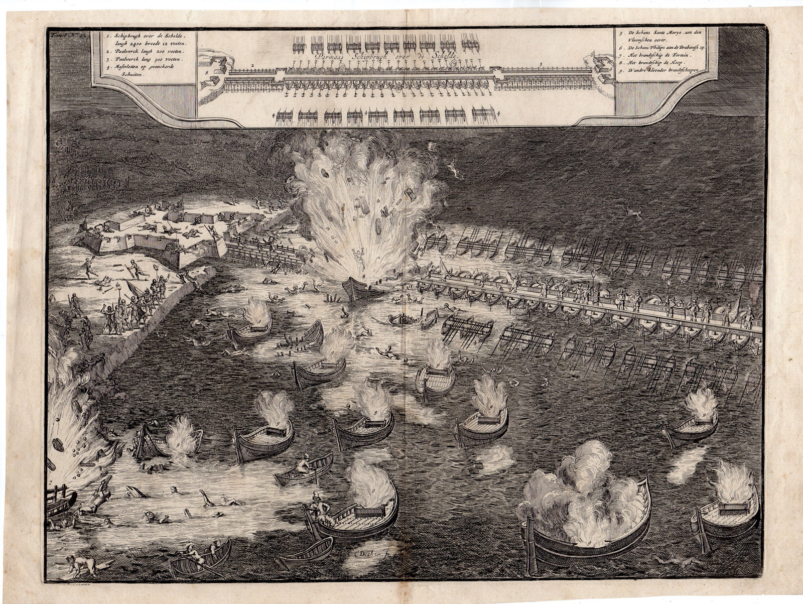 , Antique Print-WAR-SHIP BRIDGE BURNED-PARMA-SPANISH-SCHELDE-Decker -ca 1776, Pictura Antique Prints