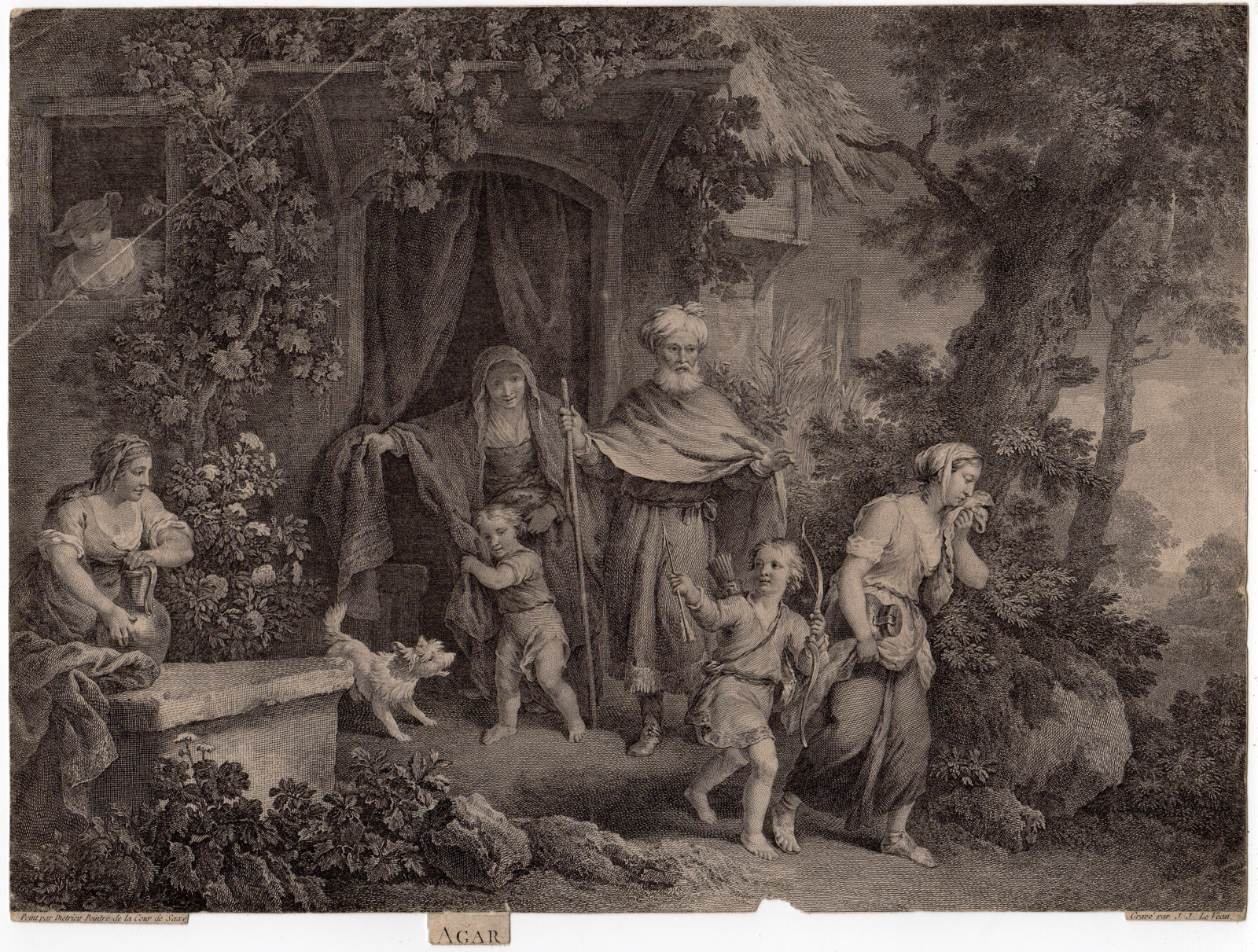 , Antique Print-ABRAHAM-DIVORCE-HAGAR-ISHMAEL-Dietrich-le Veau-1745, Pictura Antique Prints