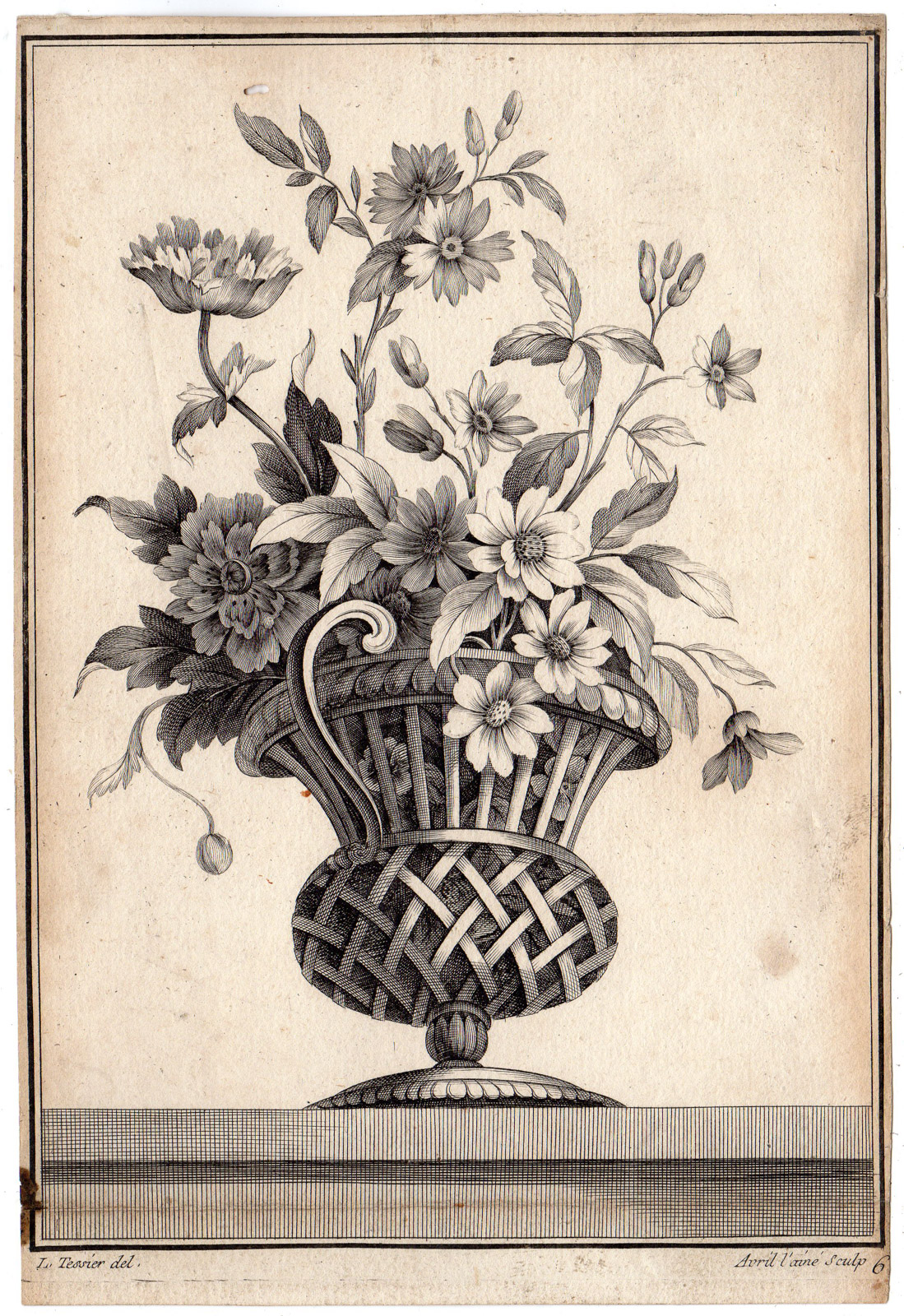 , Antique Print-VASE-FLOWERS-Avril-Tessier-c.1775, Pictura Antique Prints