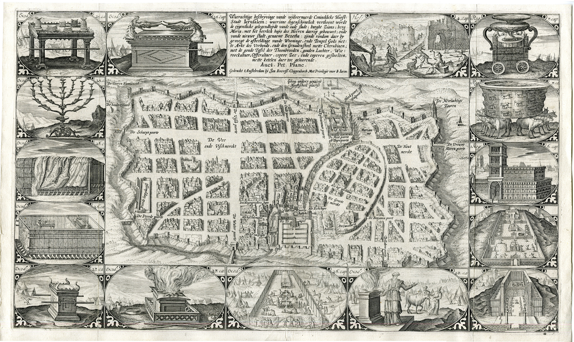 , Antique Map-MAP-JERUSALEM-BIBLICAL VIGNETTES-Deutecum-Plancius -c.1604, Pictura Antique Prints