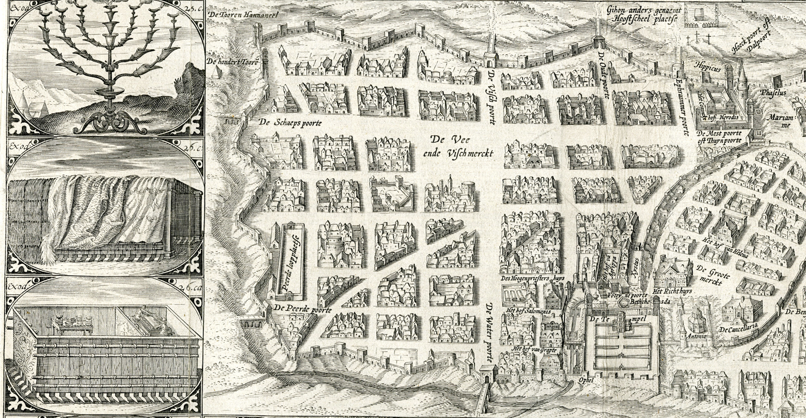 , Antique Map-MAP-JERUSALEM-BIBLICAL VIGNETTES-Deutecum-Plancius -c.1604, Pictura Antique Prints