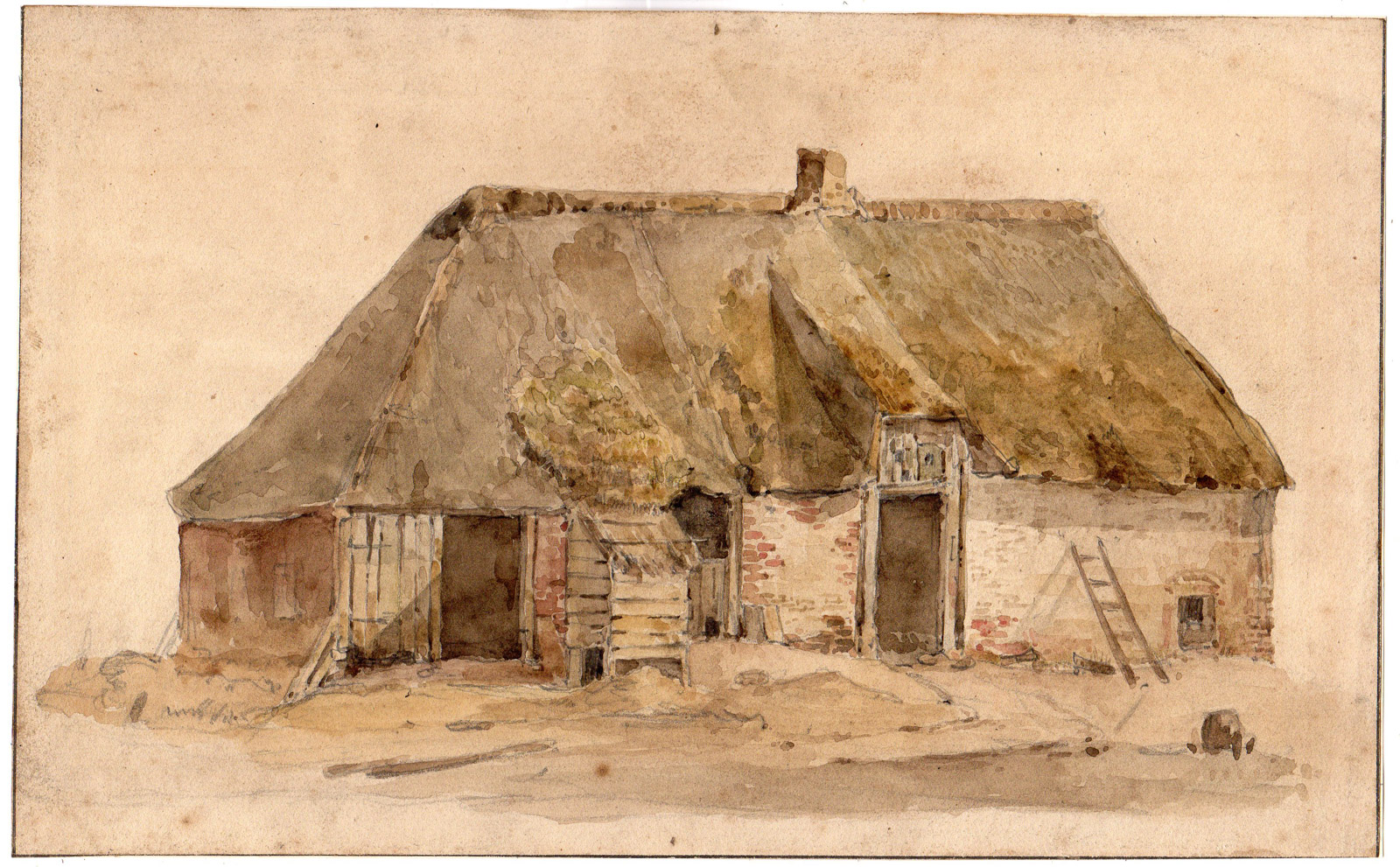 , Antique Drawing-FARMHOUSE-STRAW ROOFING-Anonymous-ca. 1920, Pictura Antique Prints