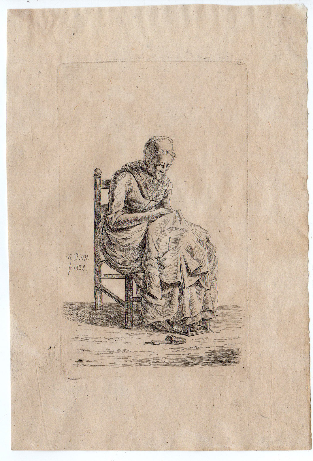 , Antique Master Print-WOMAN-MENDING-CLOTHING-STOVE-de Man-1828, Pictura Antique Prints