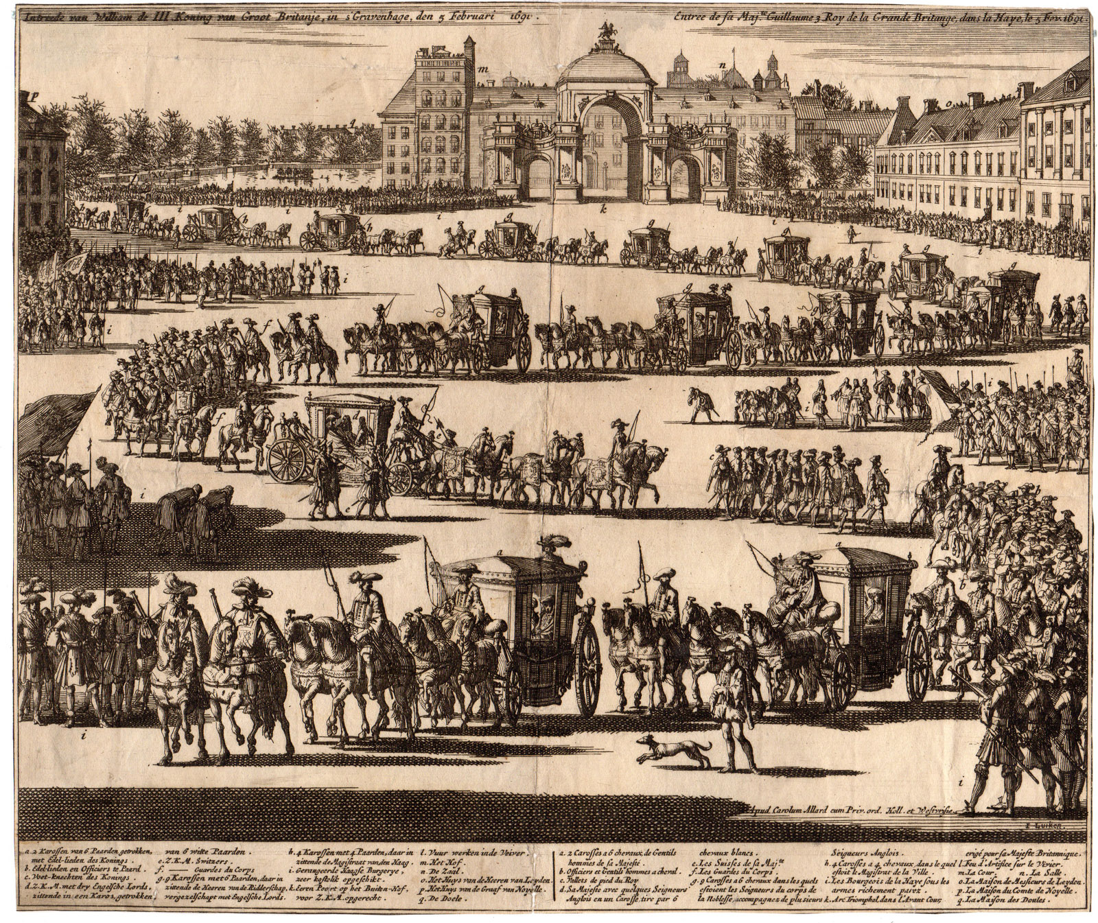 , Antique Print-KING WILLIAM III-MARY-THE HAGUE-ENTRY-Luyken-Allard-ca 1695, Pictura Antique Prints