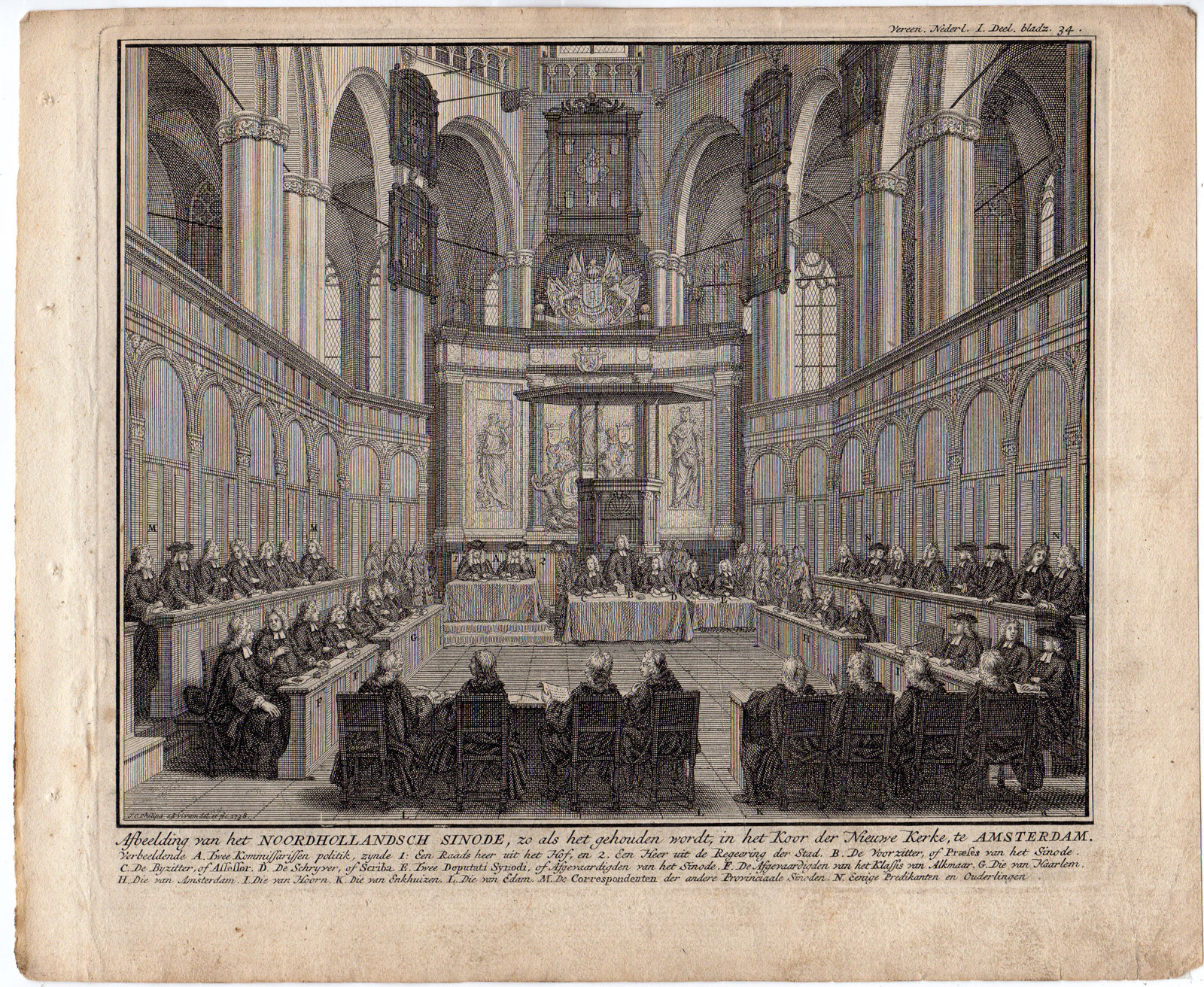 , Antique Print-NIEUWE KERK-AMSTERDAM-SYNOD-PROTESTANT-NETHERLANDS-REPRESENTATIVES-Philips-1738, Pictura Antique Prints
