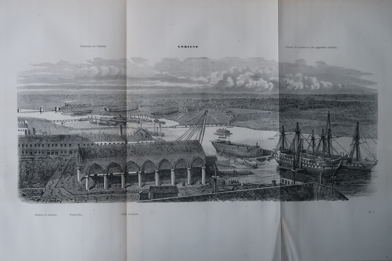 , 5-Antique Prints-FRENCH NAVY-LORIENT-VIEW-PORT-DOCKS-SHIPS-Revue Maritime-1869, Pictura Antique Prints