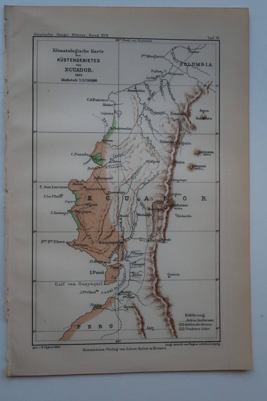 , Antique Map-ECUADOR-CLIMATE-COASTAL AREA-Geogr. Gesellschaft-1891, Pictura Antique Prints