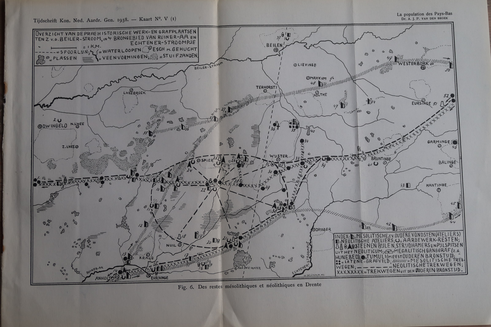 , Antique Map-PREHISTORIC LIVING-BURIAL SITES-DRENTHE-Aardr. Genootschap-1938, Pictura Antique Prints