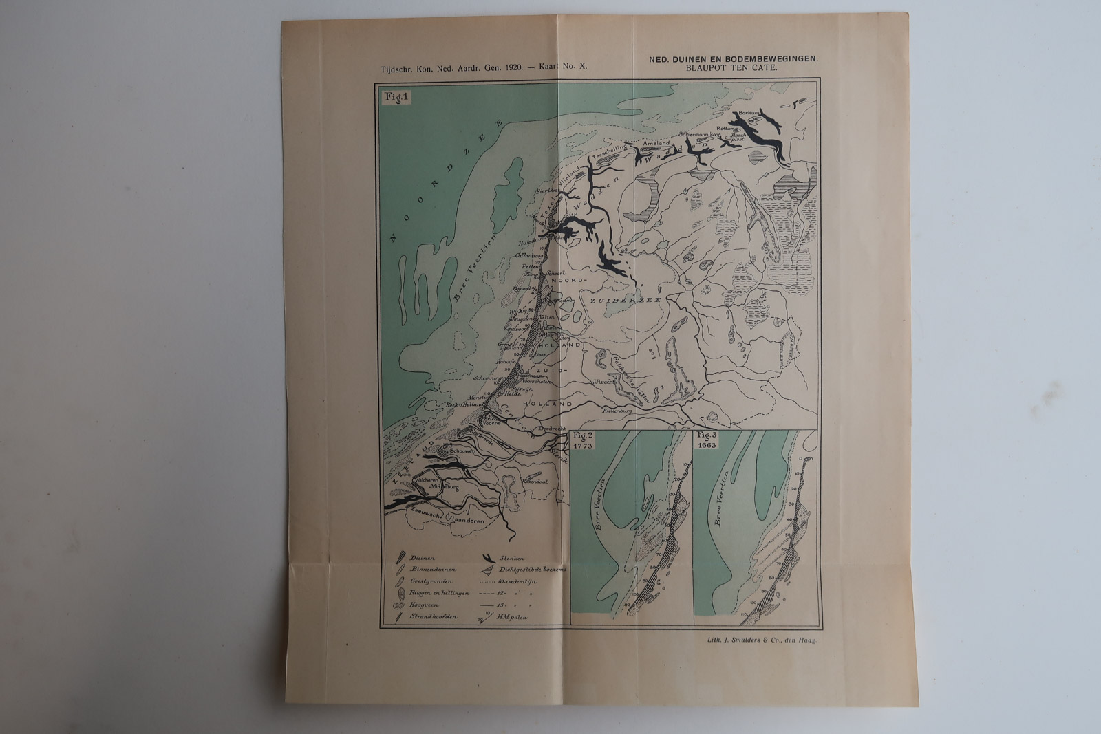 , Antique Map-DUNES-EARTH MOVEMENTS-THE NETHERLANDS-Aardr. Genootschap-1920, Pictura Antique Prints