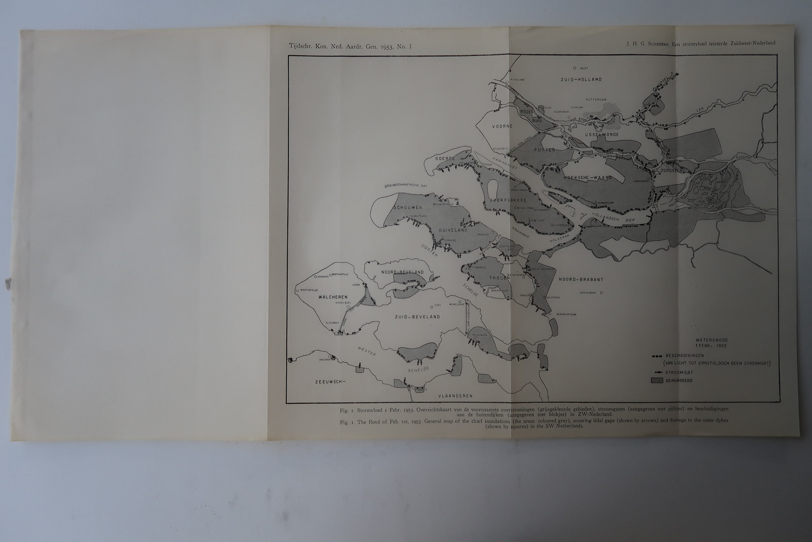 , Antique Map-FLOOD-INUNDATIONS-ZEELAND-Aardr. Genootschap-1953, Pictura Antique Prints