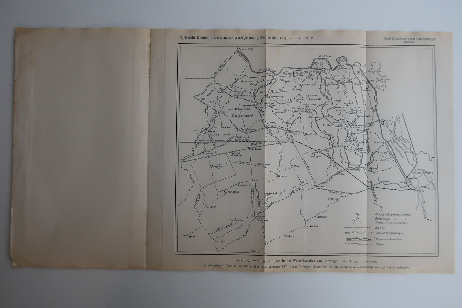 , Antique Map-WIERDEN-DIKES-GRONINGEN-Aardr. Genootschap-1925, Pictura Antique Prints
