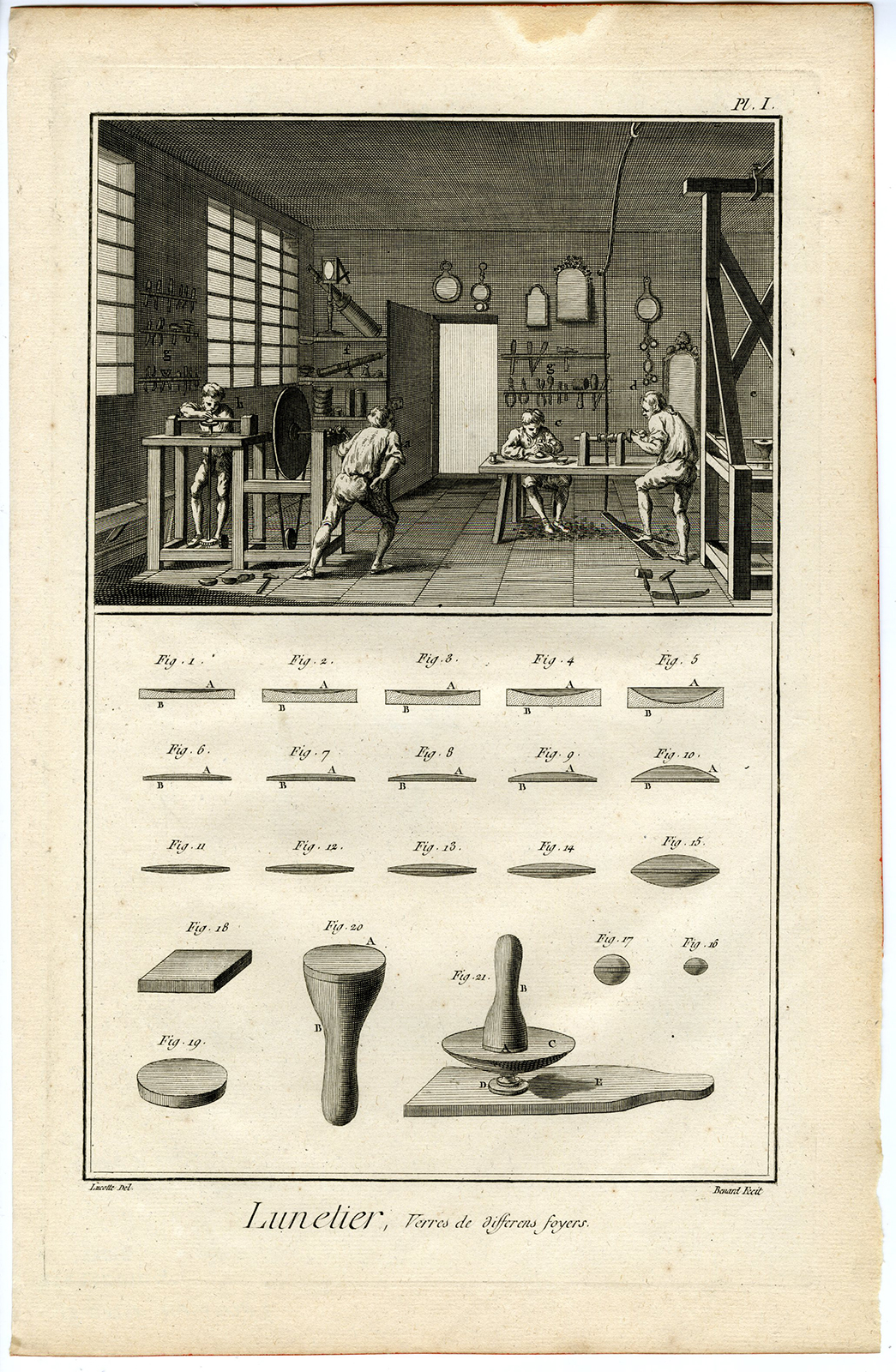 , 4 Antique Prints + text-LUNETIER-LUNETTIER-SPECTACLE MAKER-EYEGLASSES-OPTICIAN-Diderot-Benard-1751, Pictura Antique Prints