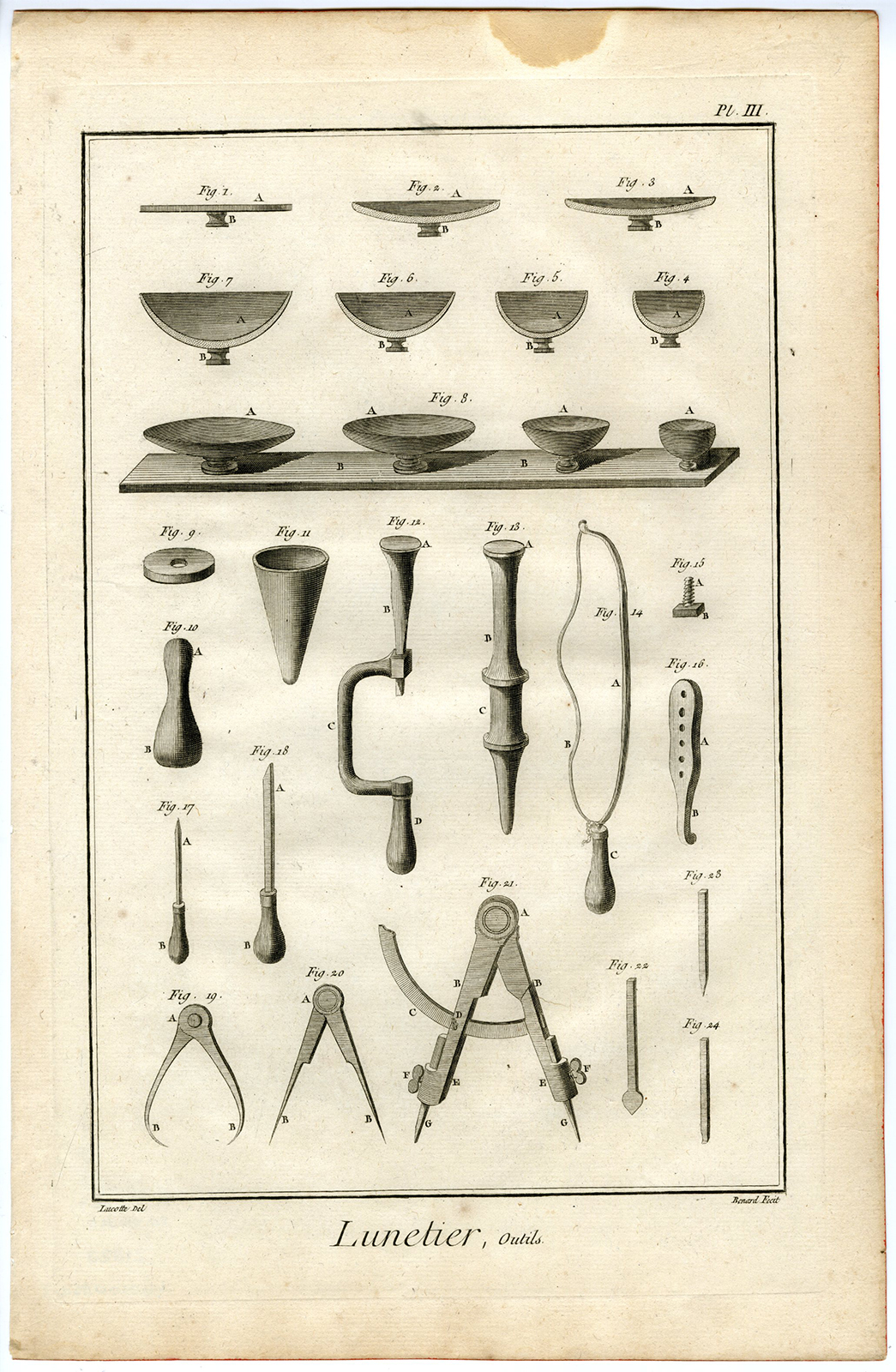 , 4 Antique Prints + text-LUNETIER-LUNETTIER-SPECTACLE MAKER-EYEGLASSES-OPTICIAN-Diderot-Benard-1751, Pictura Antique Prints