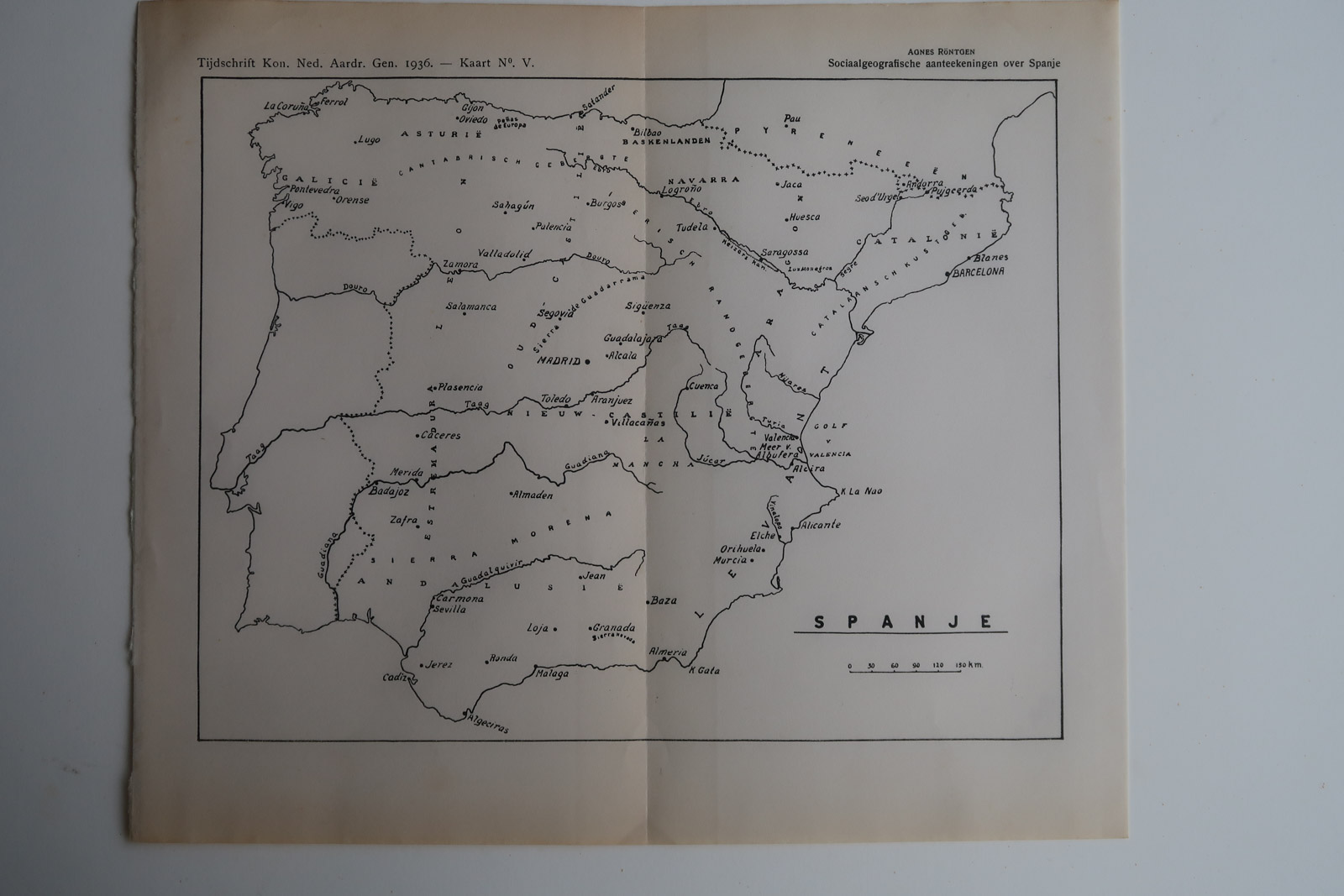 , Antique Map-SPAIN-SOCIAL GEOGRAPHY-Aardr. Genootschap-1936, Pictura Antique Prints
