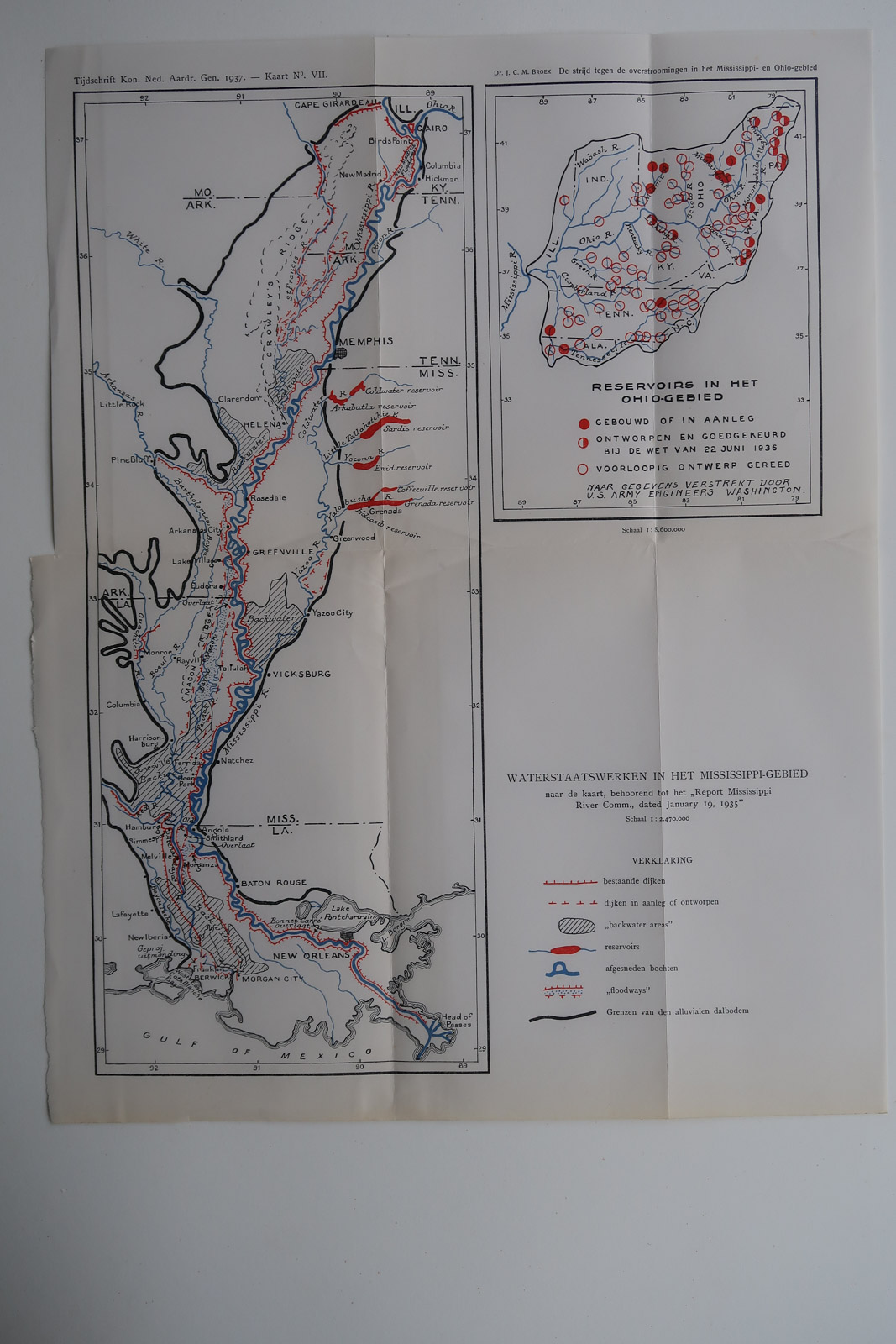 , Antique Map-MISSISSIPPI RIVER-OHIO-WATERWORKS-RESERVOIR-Aardr. Genootschap-1937, Pictura Antique Prints