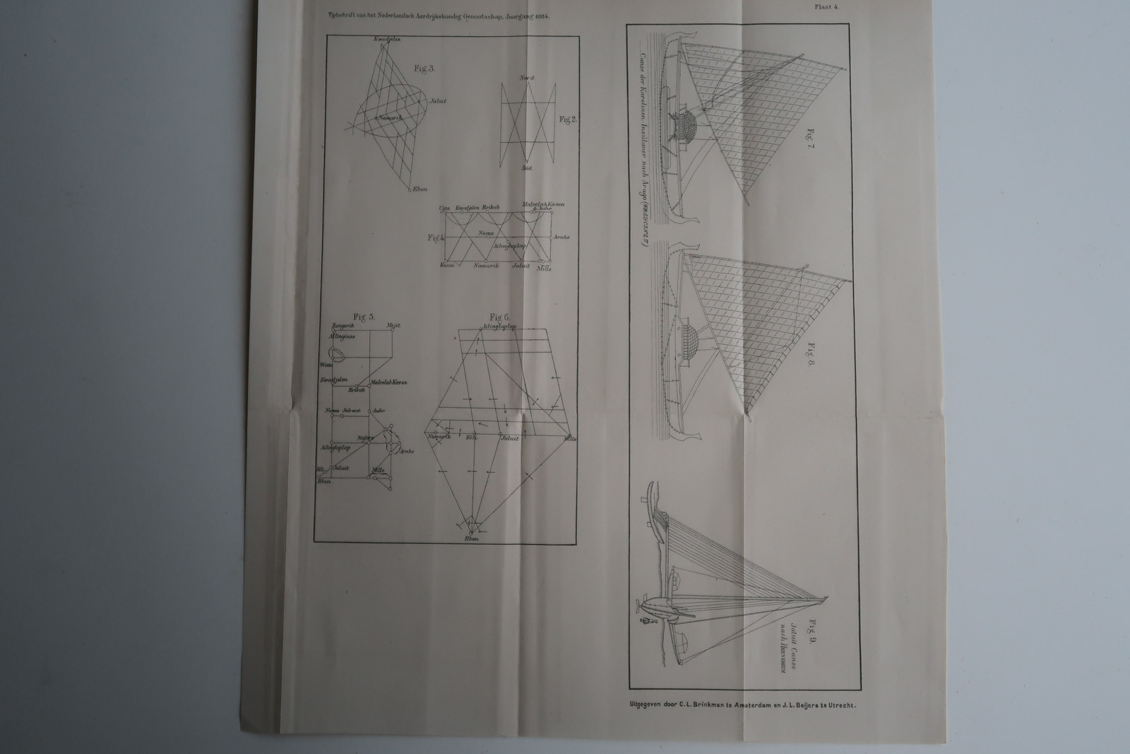 , 2-Antique Prints-EXPEDITION GEAR-TENT-SLEIGH-CANOE-Aardr. Genootschap-1884, Pictura Antique Prints