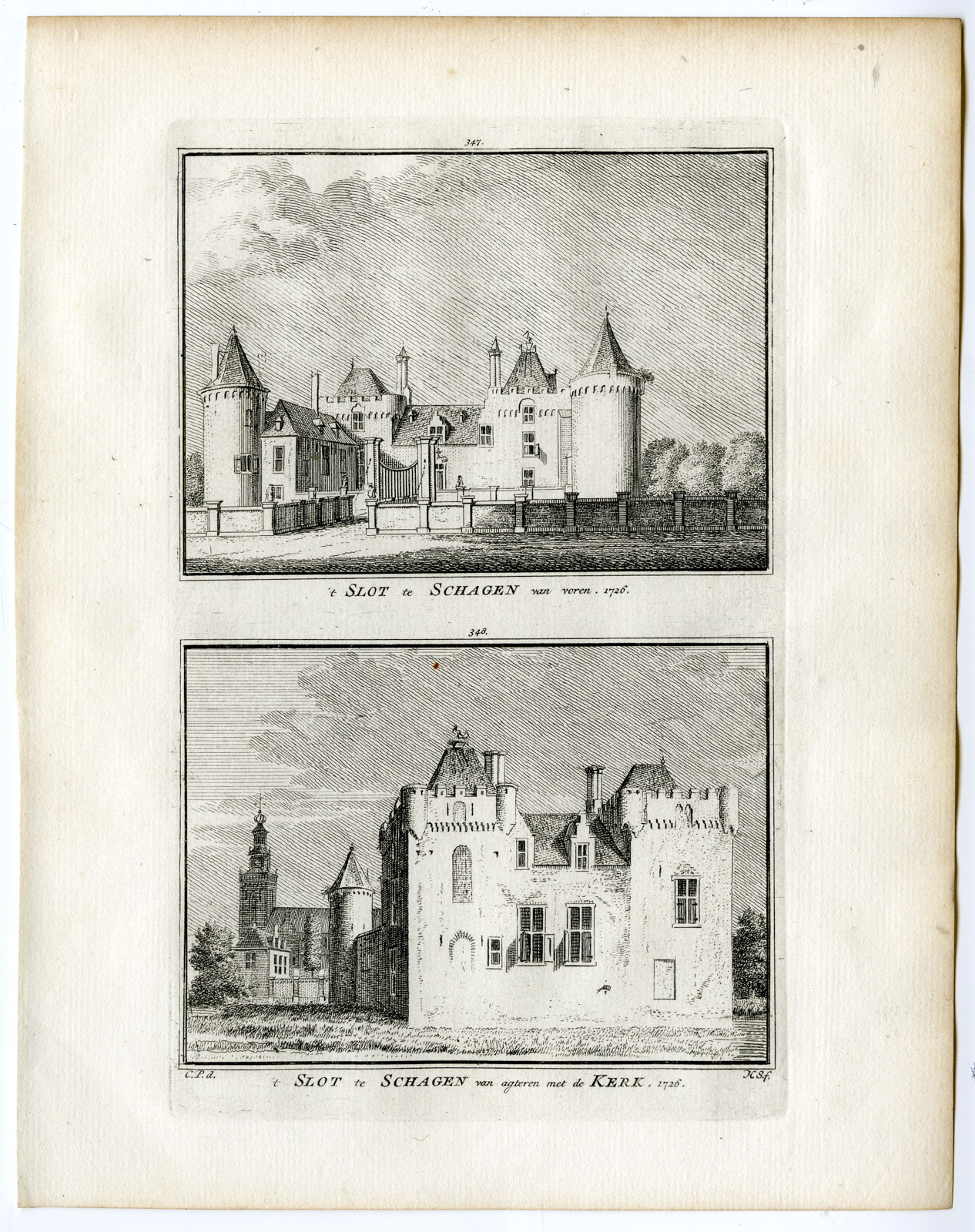 , Antique Print-SCHAGEN-CASTLE-CHURCH-Spilman-de Beijer-1746, Pictura Antique Prints
