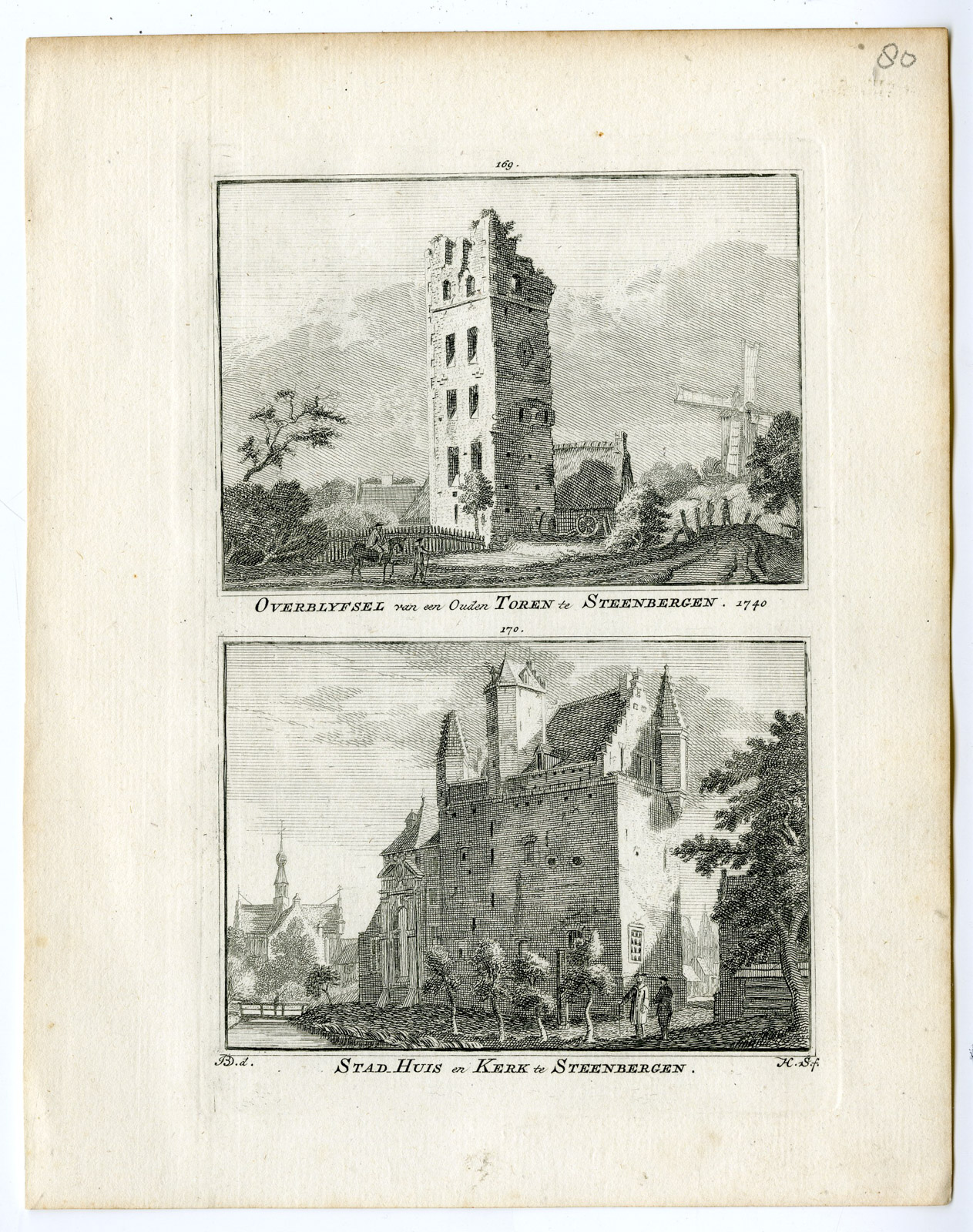 , Antique Print-STEENBERGEN-CITY HALL-CHURCH-TOWER-Spilman-de Beijer-1746, Pictura Antique Prints