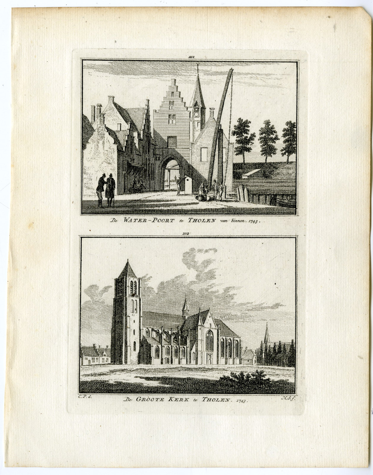 , Antique Print-GROTE KERK-WATERPOORT-THOLEN-Spilman-de Beijer-1746, Pictura Antique Prints