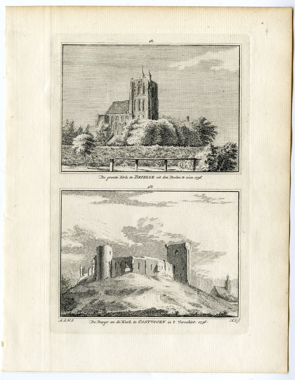 , Antique Print-BRIELLE-CHURCH-OOSTVOORNE-CASTLE-Spilman-de Beijer-1746, Pictura Antique Prints