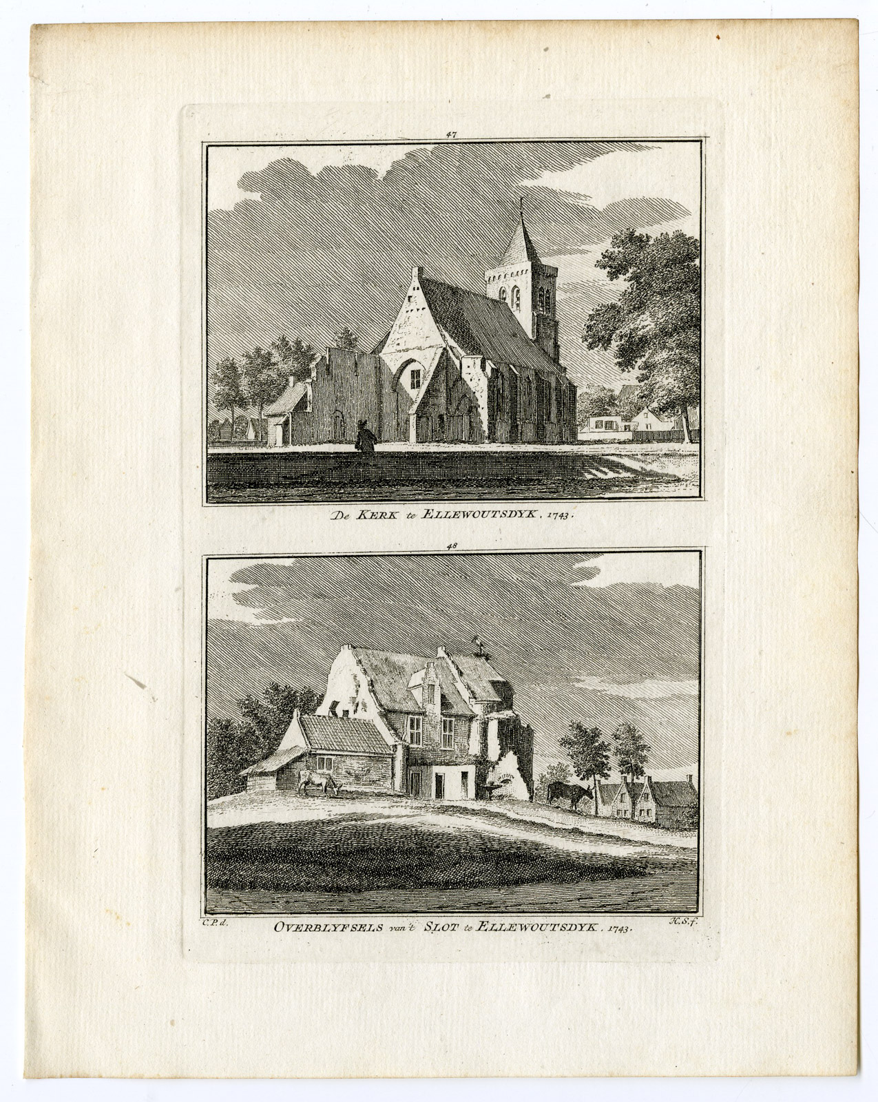 , Antique Print-ELLEWOUTSDIJK-CASTLE-CHURCH-RUIN-Spilman-de Beijer-1746, Pictura Antique Prints