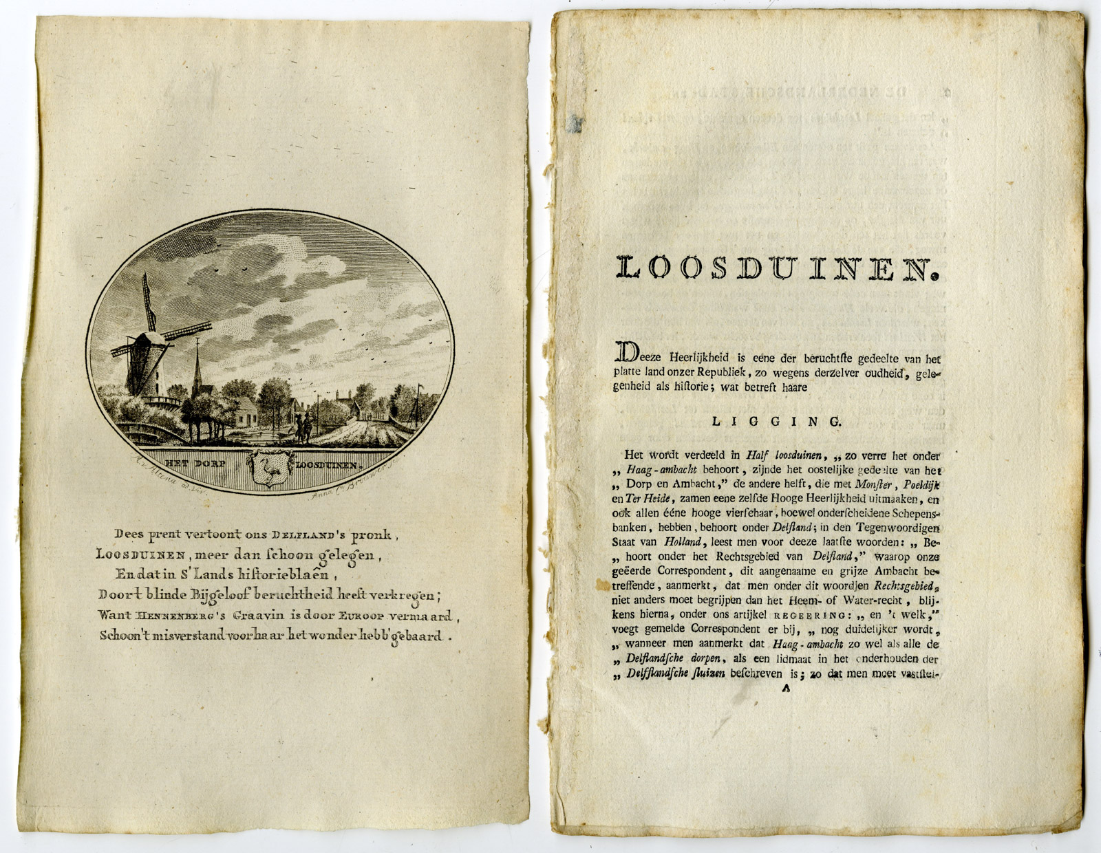 , Antique Print-LOOSDUINEN-DEN HAAG-VIEW-TEXT-Brouwer-Ollefen & Bakker-1793, Pictura Antique Prints
