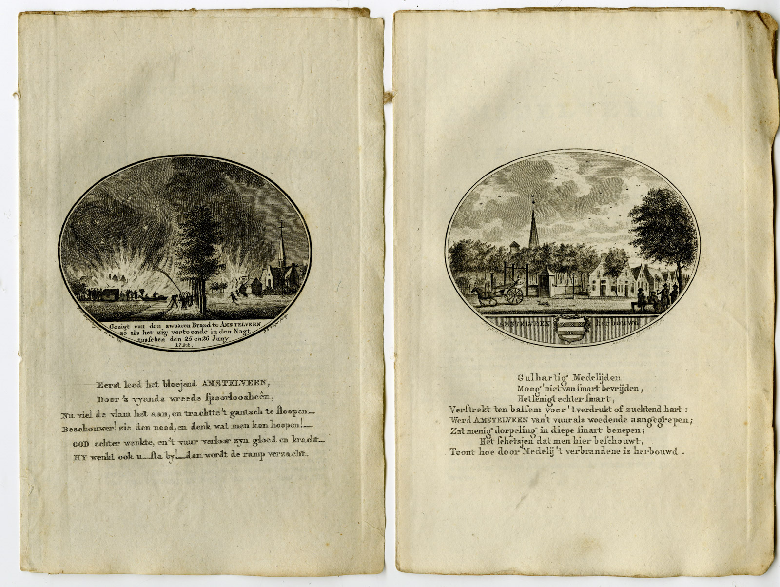 , 2-Antique Prints-AMSTELVEEN-FIRE-PANORAMIC VIEW-Brouwer-Ollefen & Bakker-1793, Pictura Antique Prints