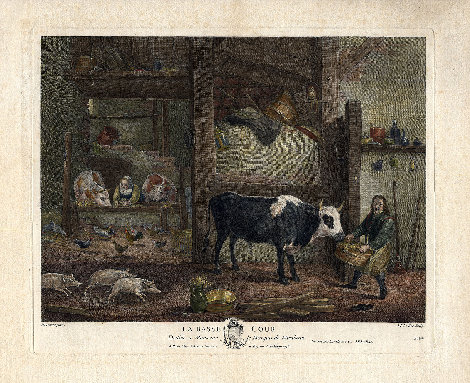 , Antique Master Print-FAMRYARD-BASSE COUR-CATTLE-PIG-CHICKEN-Le Bas-Teniers-1743, Pictura Antique Prints