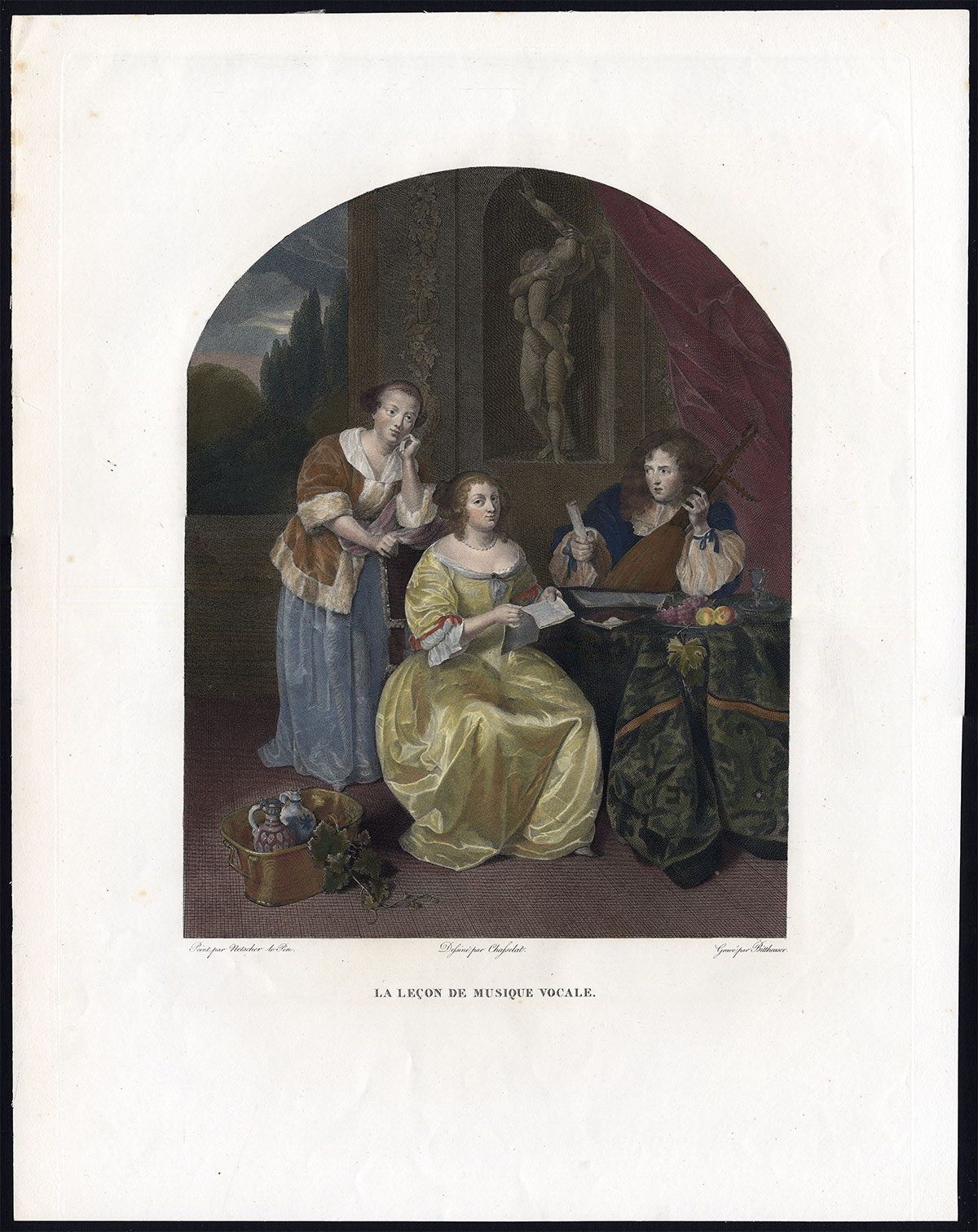 , Antique Master Print-MUSIC TEACHER-LUTE-SINGING-Bitthauser-Netscher-1820, Pictura Antique Prints