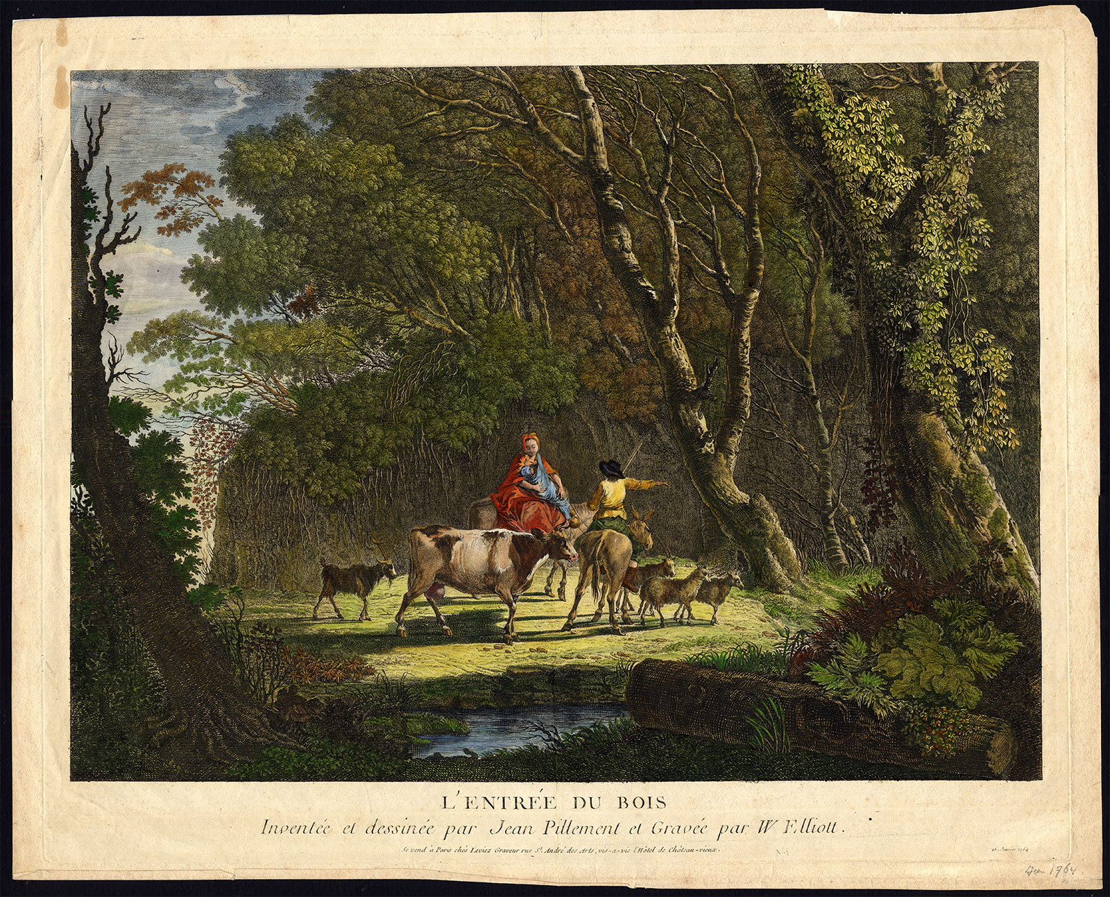 Dp556 416x336 Antique Master Print-ENTRANCE-WOODS-COUPLE-BABY-CATTLE-Elliott-Pillement-1764