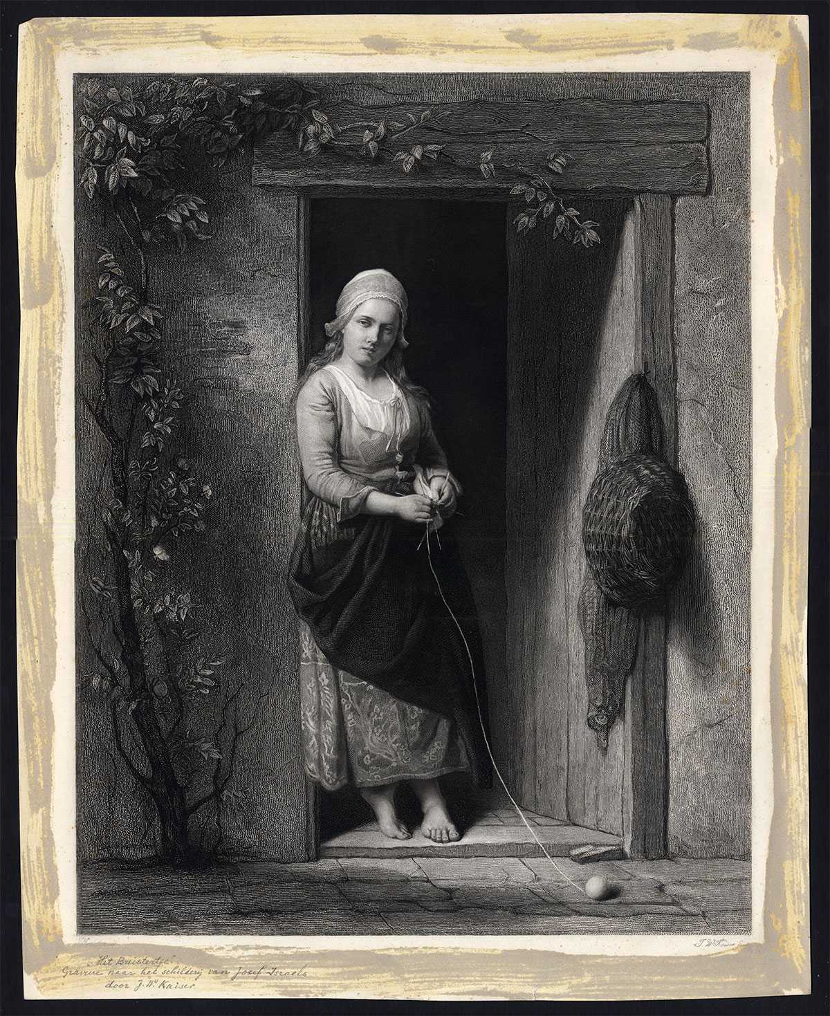 , Antique Master Print-KNITTING GIRL-HET BREISTERTJE-Kaiser-Israels-19th century, Pictura Antique Prints