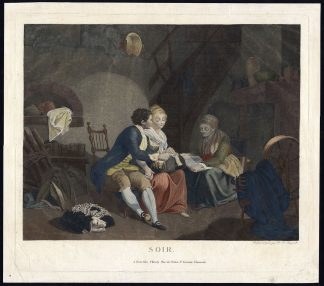 Antique Master Print-COUPLE-GRANDMOTHER-READING-DOG-Regnault-1780