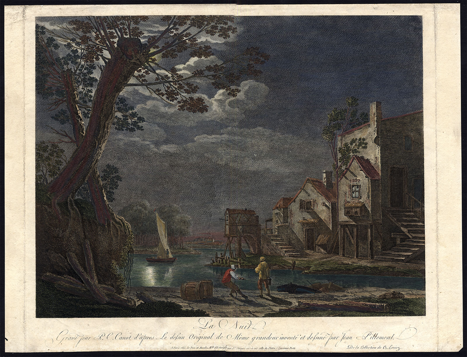 , Antique Master Print-NIGHT-FISHING-VILLAGE-BOAT-Canot-Pillement-1760, Pictura Antique Prints