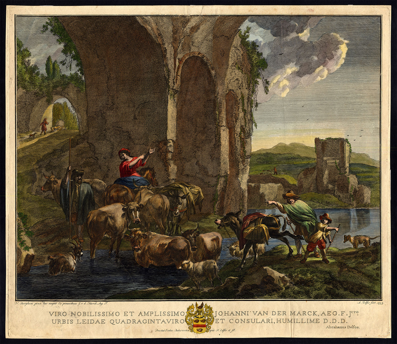 , Antique Master Print-SHEPHERD-FLOCK-CATTLE-CROSSING-RIVER-Delfos-Berchem-1753, Pictura Antique Prints
