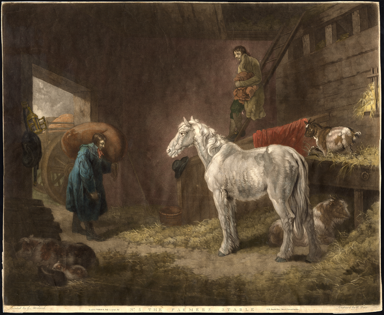 , Antique Master Print-FARMER-STABLE-HORSE-GOAT-Ward-Morland-1795, Pictura Antique Prints