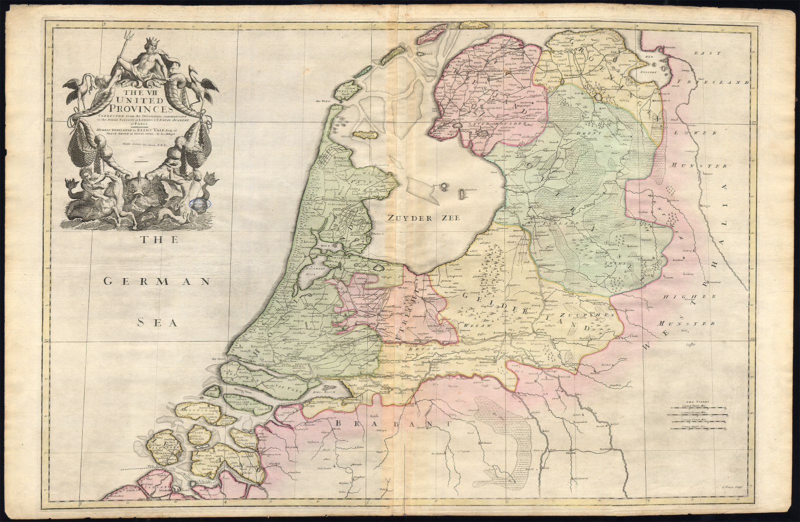 , Antique Map-NETHERLANDS-HOLLAND-VII UNITED PROVINCES-NEPTUNE-Senex-1709, Pictura Antique Prints