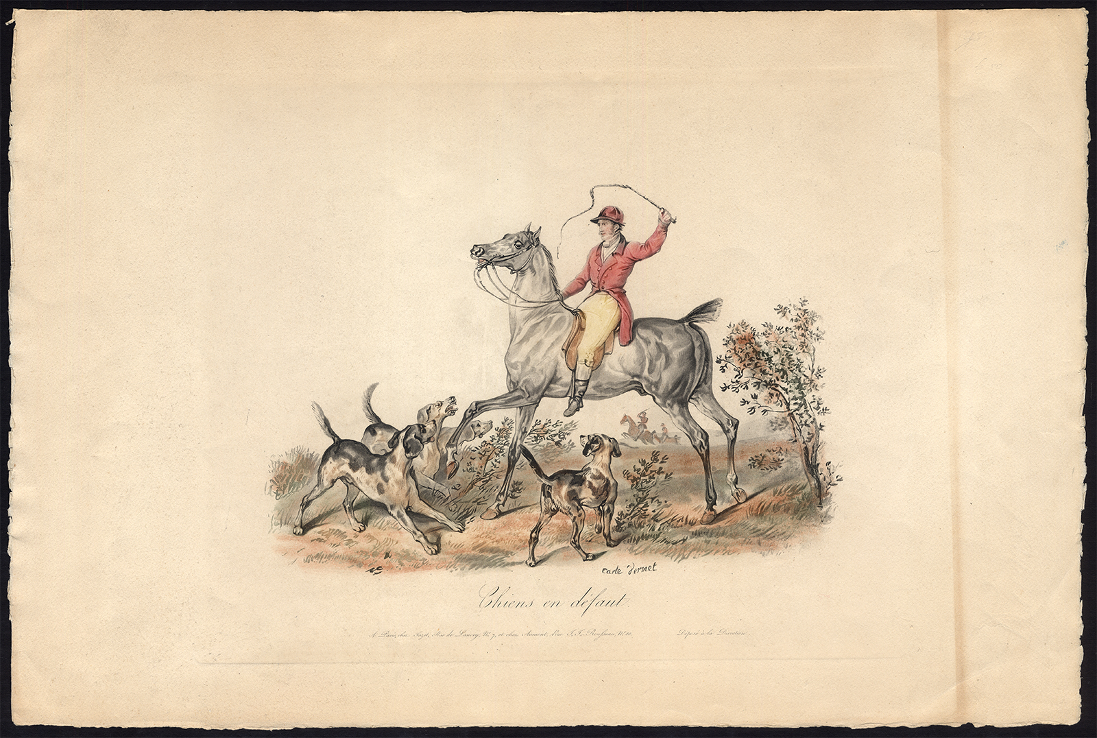 , Antique Print-CHIENS EN DEFAUT-DOG-HUNTING-HORSE-Vernet-1820, Pictura Antique Prints